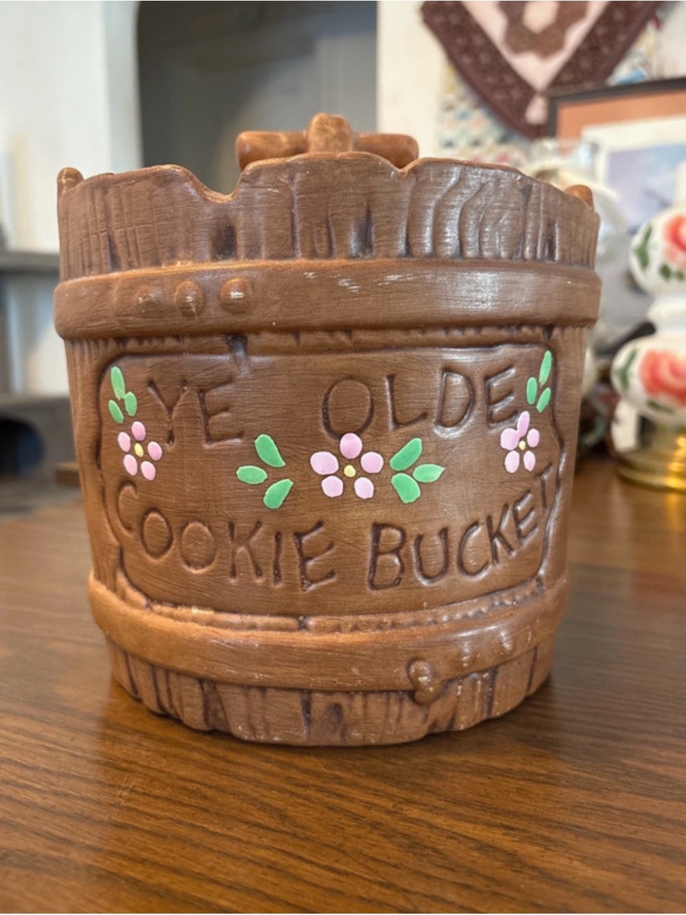 Ye Olde Cookie Bucket Decorative Cookie Jar - Brown with Pink & Green Accents